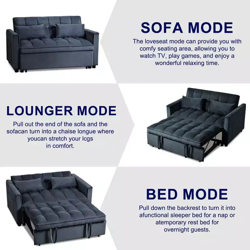 Cement Gray 3 in 1 Velvet Convertible Sleeper Sofa Bed with Pillows and Pockets, Modern Pull Out Couch Bed, Adjustable Backrest – Image 4