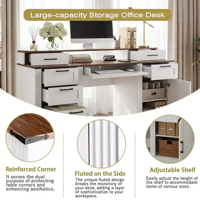 59 Executive Desk with 6 Drawers, Wooden Computer Desk with File Drawer & Charging Station, Home Office Desk Conference Table for Home Office – Image 15