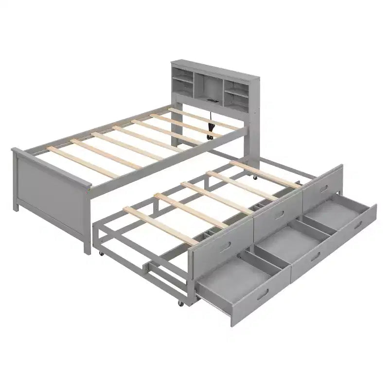 Platform Bed with Trundle and Drawers, Storage Platform Bed with USB, Wood Platform Bed with Bookcase – Image 8