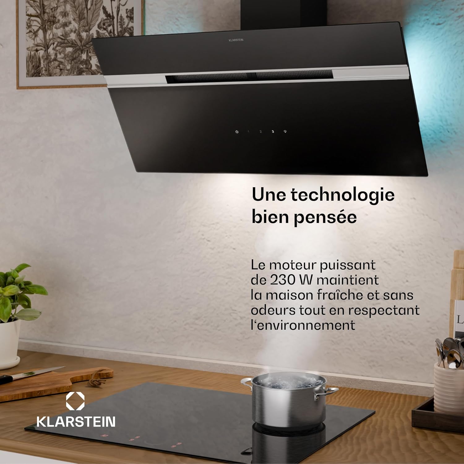 Klarstein Alina 90 Hotte Aspirante - Hotte Décorative 90 cm, Débit d'Air 600 m3/h, Énergie Classe A, Panneau Tactile, LED Multicolore, Silencieuse 63 dB, Recyclage, Noir – Image 3