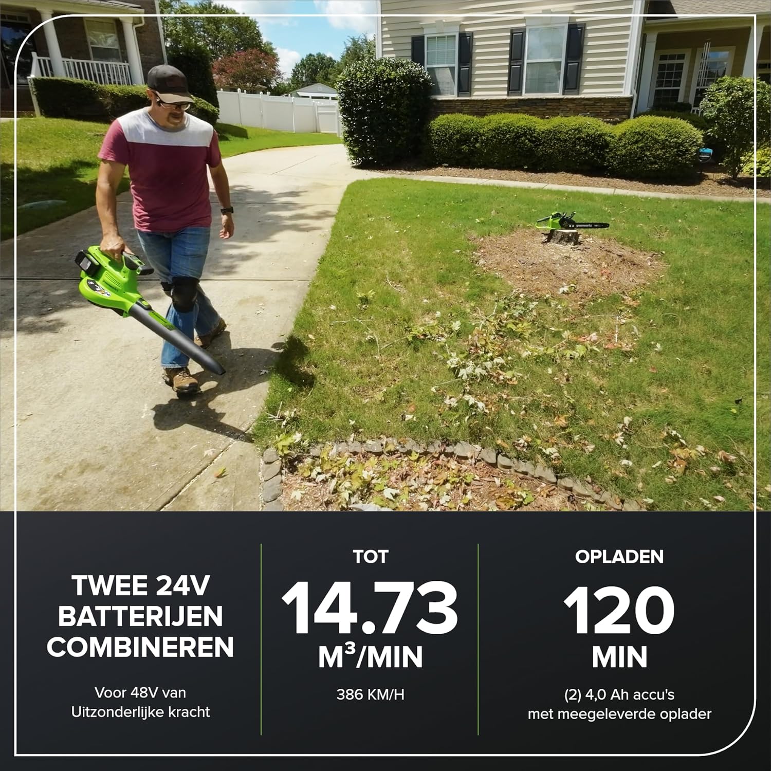 Greenworks 48V(24V x 2) Aspirateur Souffleur Sans fil de Feuilles à Batterie Bandoulière, Moteur Sans Balais, 386km/h, 14.73m³/min,Sac Mulching 45L, 2 Batteries 4Ah,Chargeur,Garantie 3 Ans BL48L421-01 – Image 3