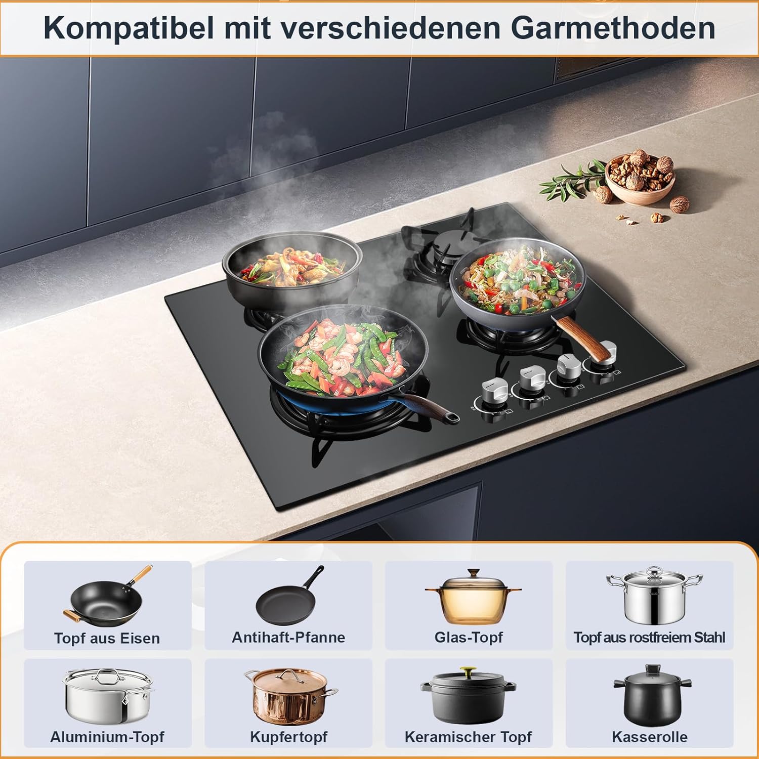 TopStrong Plaque de cuisson à gaz 4 brûleurs, 60 cm en verre noir, avec brûleur wok 8060 W et protection thermocouple, compatible gaz naturel et GPL – Image 4