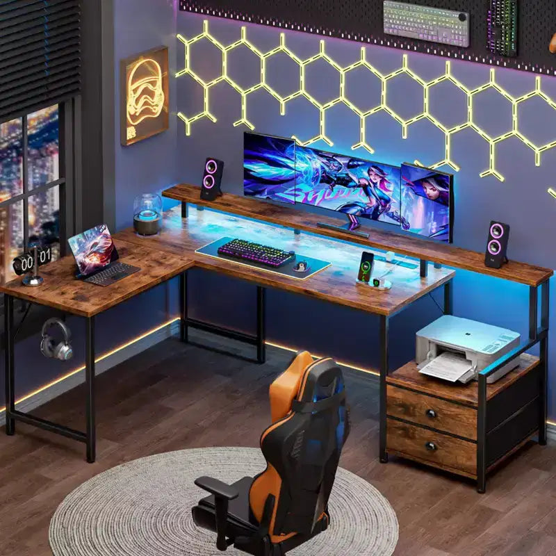 66 L-Shaped Gaming Desk with RGB LED, Charging Station, 2 Drawers & Monitor Stand – Brown
