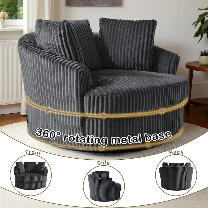 2 Set Oversized 43 W Plush Corduroy Swivel Barrel Chair with Pillows – Image 33