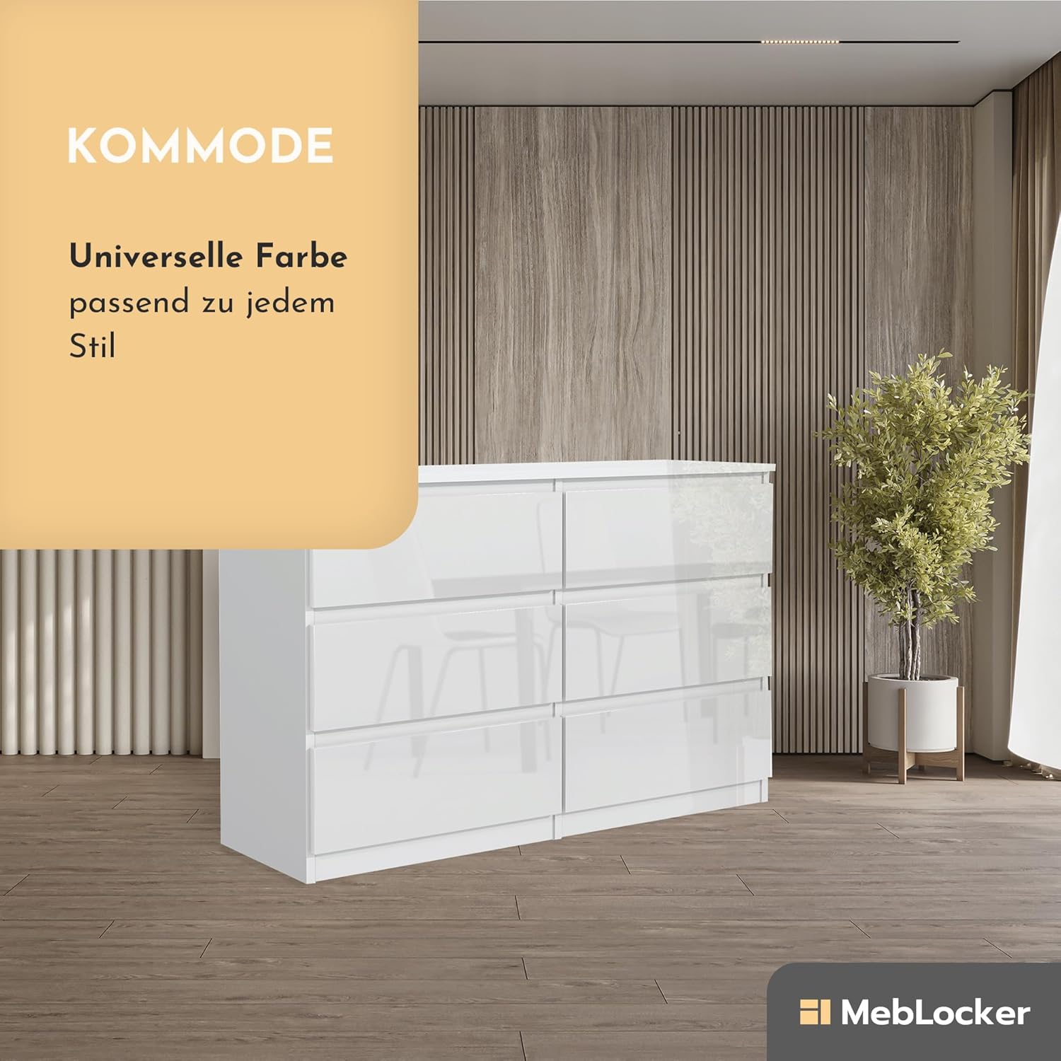 MebLocker Commode 6 Tiroirs Brillance Blanche 120 cm - Design Minimaliste - 120 x 39 x 78,5 cm - Meuble de Rangement Spacieux pour Chambre, Salon ou Bureau – Image 5