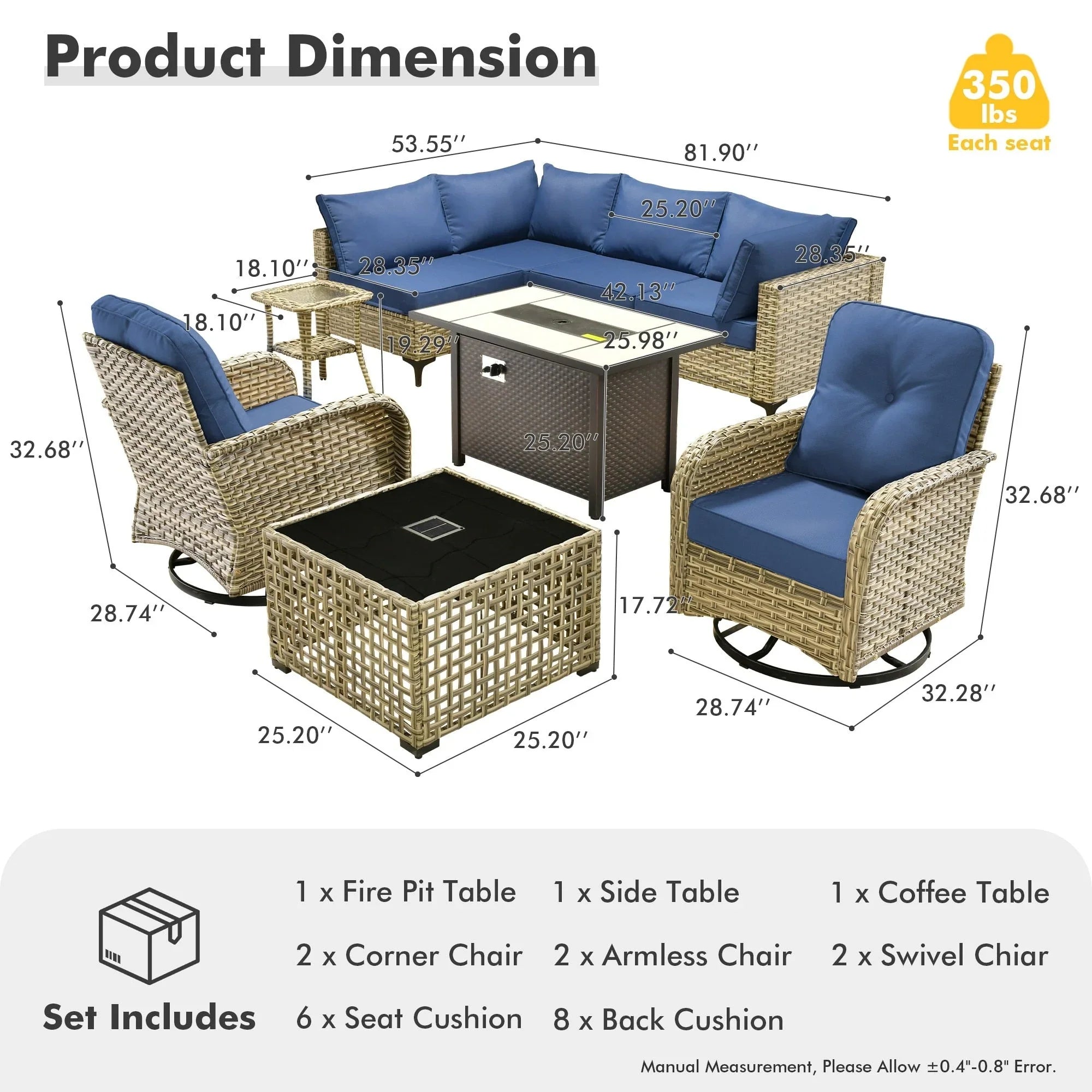 OVIOS 9 Pieces Outdoor Wicker Swivel Chair Set With Fire Table – Image 42