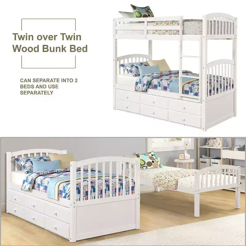 Twin Bunk Bed with Ladder, Safety Rail, Twin Trundle Bed with 3 Drawers for Teens Bedroom, Guest Room Furniture – Image 14
