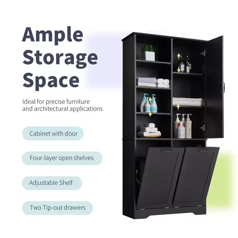 Bathroom Storage Cabinet with Doors and Drawers Tilt-Out Laundry Hamper Multiple Storage Space Freestanding Style – Image 4