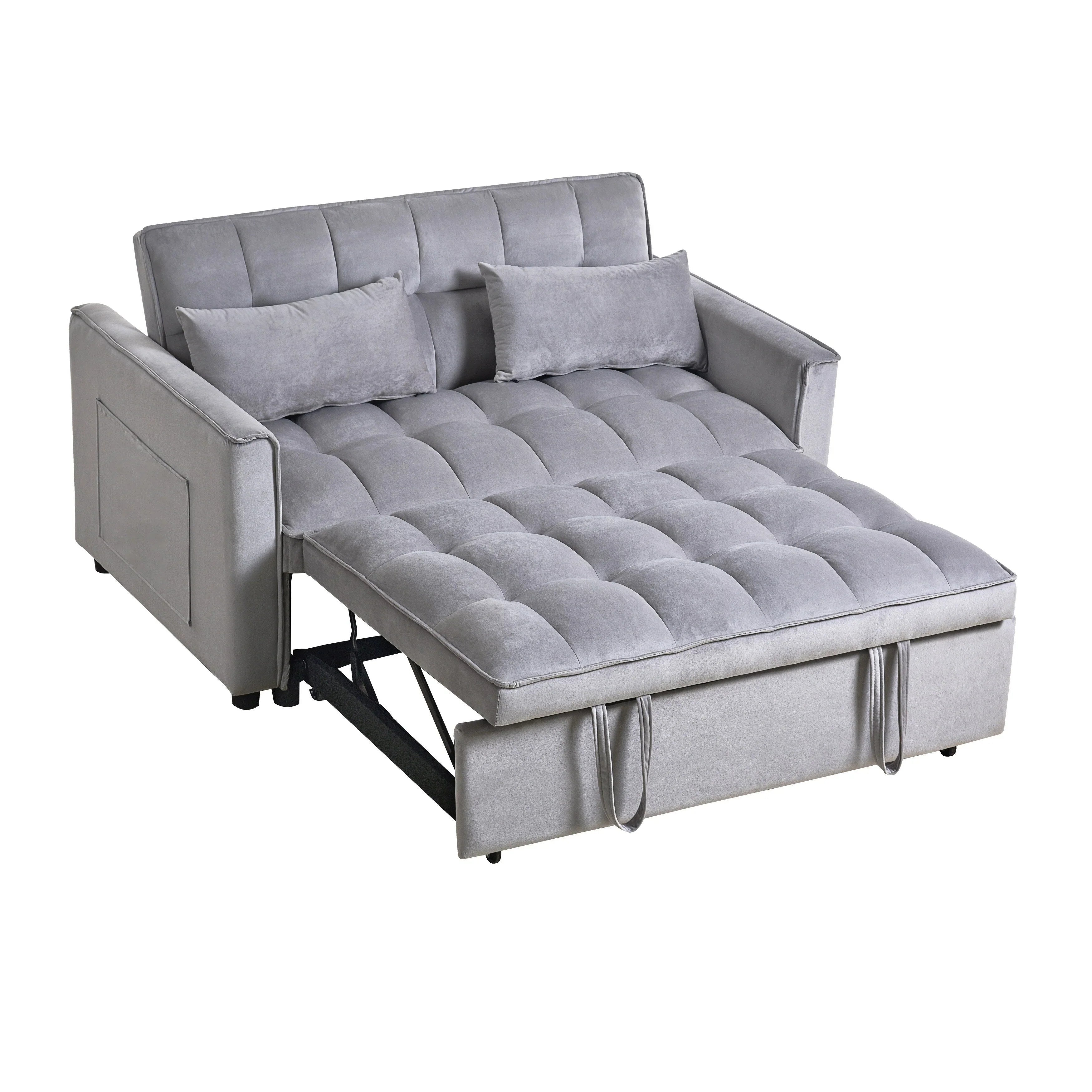 Modern Pull-Out Couch Bed, 3-in-1 Sleeper Sofa with Adjustable Backrest, Velvet Loveseat, Pillows & Side Pockets – Image 6