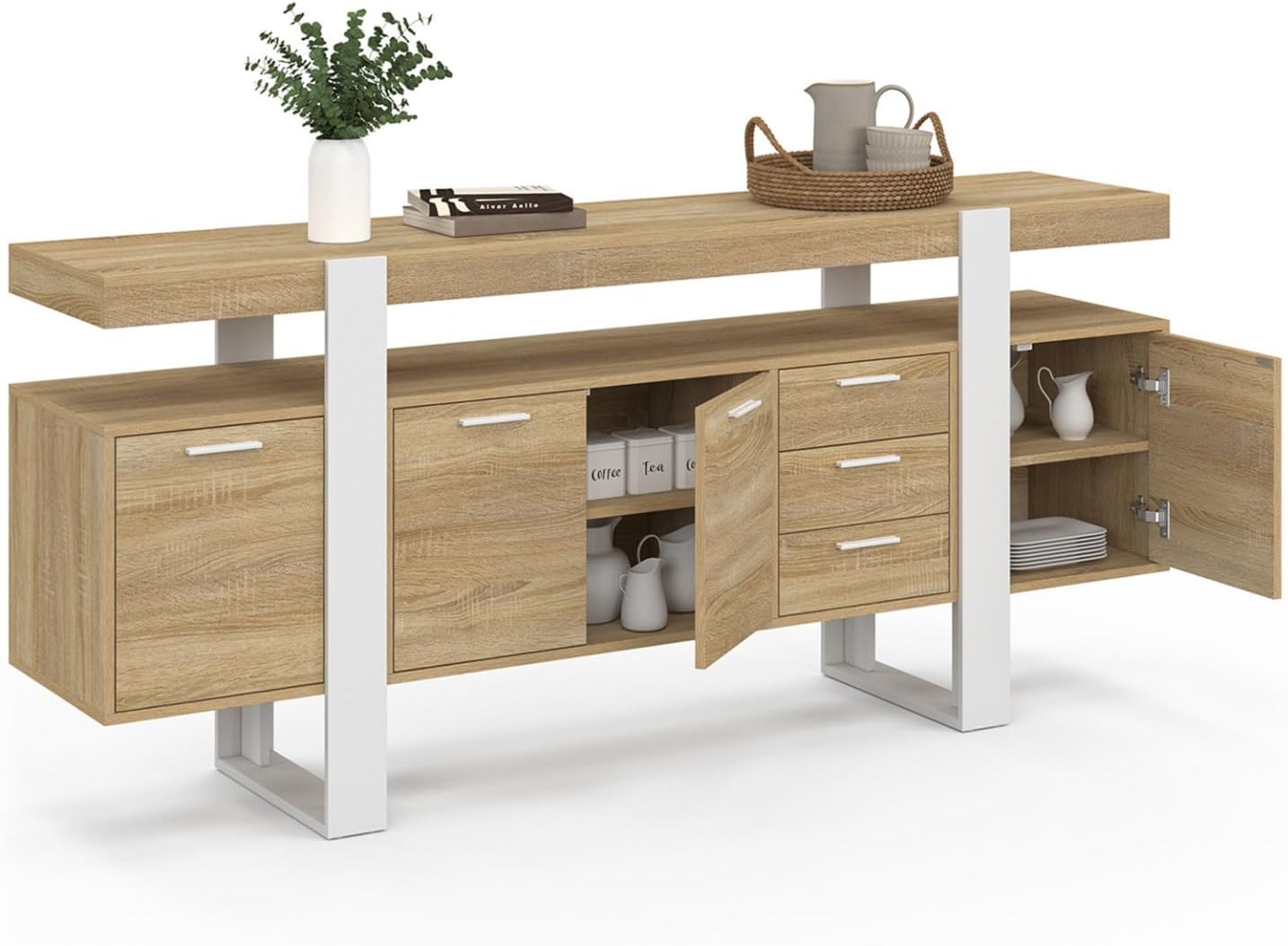 IDMarket - Buffet 180 cm Phoenix XXL 4 Portes avec 3 tiroirs Bois et Blanc – Image 5