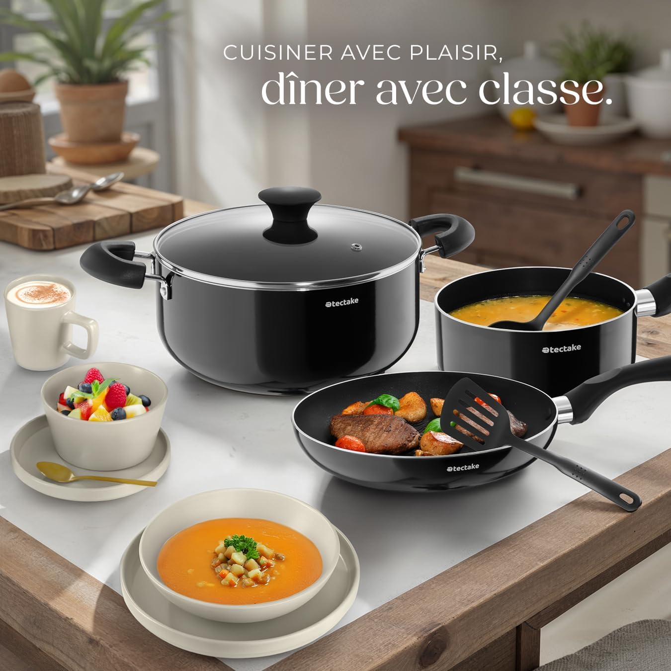 tectake® Set de cuisine 45 pièces, Service de table 6 personnes et Batterie de cuisine, Poêles, Casseroles, Assiettes plates, Assiettes creuses, Bols, Tasses, Louche, Spatule, Vaisselle en grès – Image 8