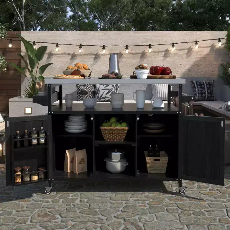 Outdoor Kitchen Island with Stainless Steel Top, Wooden Kitchen Cart with Doors, Shelves and Spice Rack, Rolling Kitchen Island – Image 5