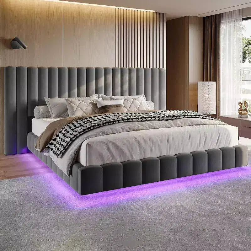 AMERLIFE Upholstered Platform Bed with LED Lights, Floating Design, Solid Slat Support – Image 3