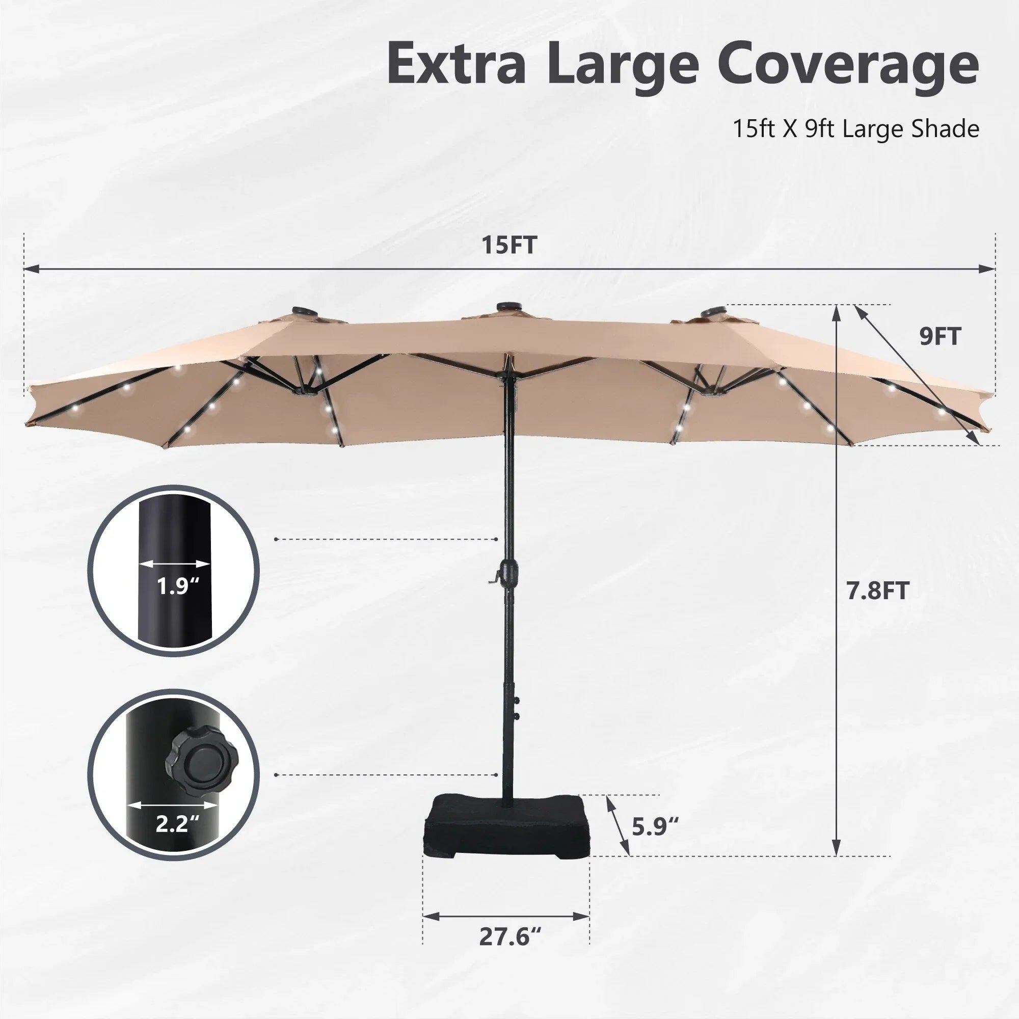 MAISON ARTS 15-foot Rectangular Crank Double-sided Outdoor Market Umbrella Solar LED Lighted Patio Umbrella with Base Included – Image 16
