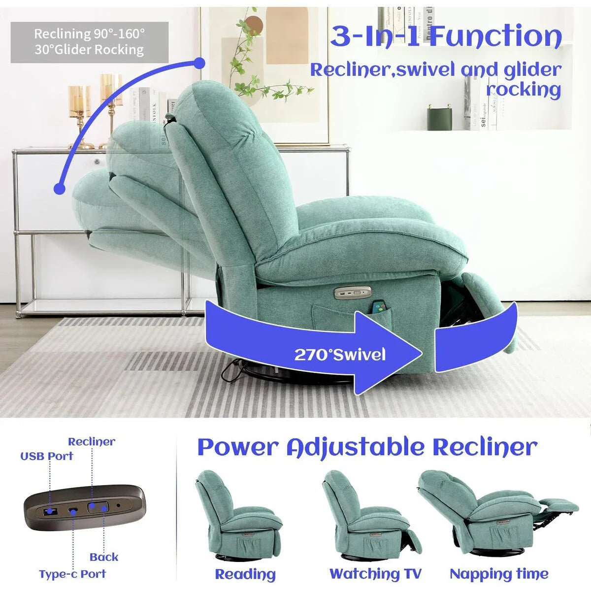 XINMICS Swivel Power Recliner Chair, Massage Rocker Recliners with Heated ,USB, USB-C and Side Pocket – Image 22