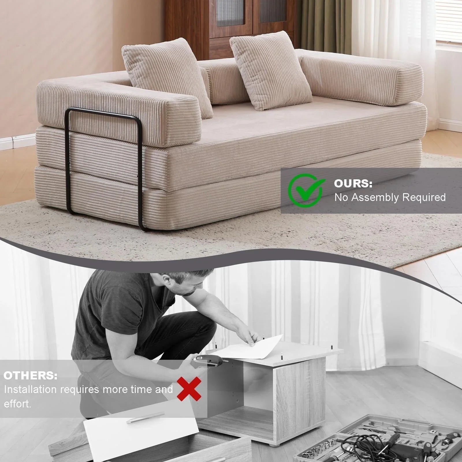 Convertible Floor Sofa Bed with Pillow Back Chenille Fabric for Living Room Bedroom – Image 2