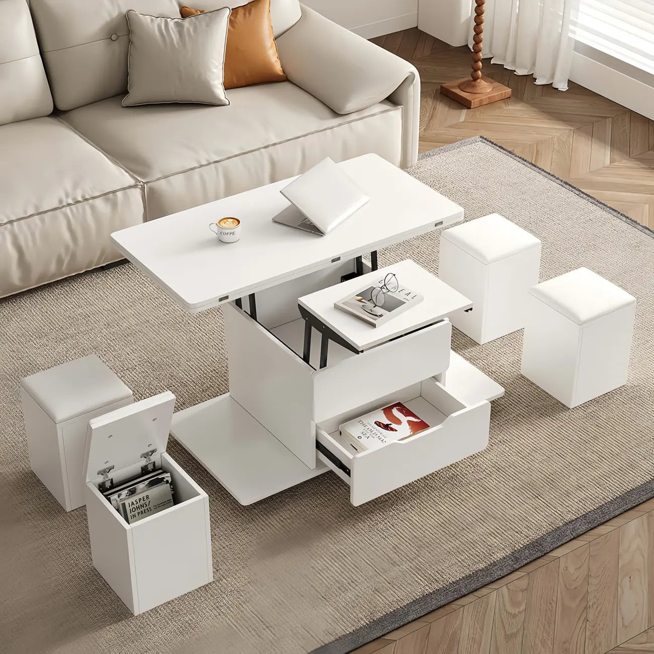 Foldable Lift-Top Coffee Table with 4 Stools & Storage – Image 18