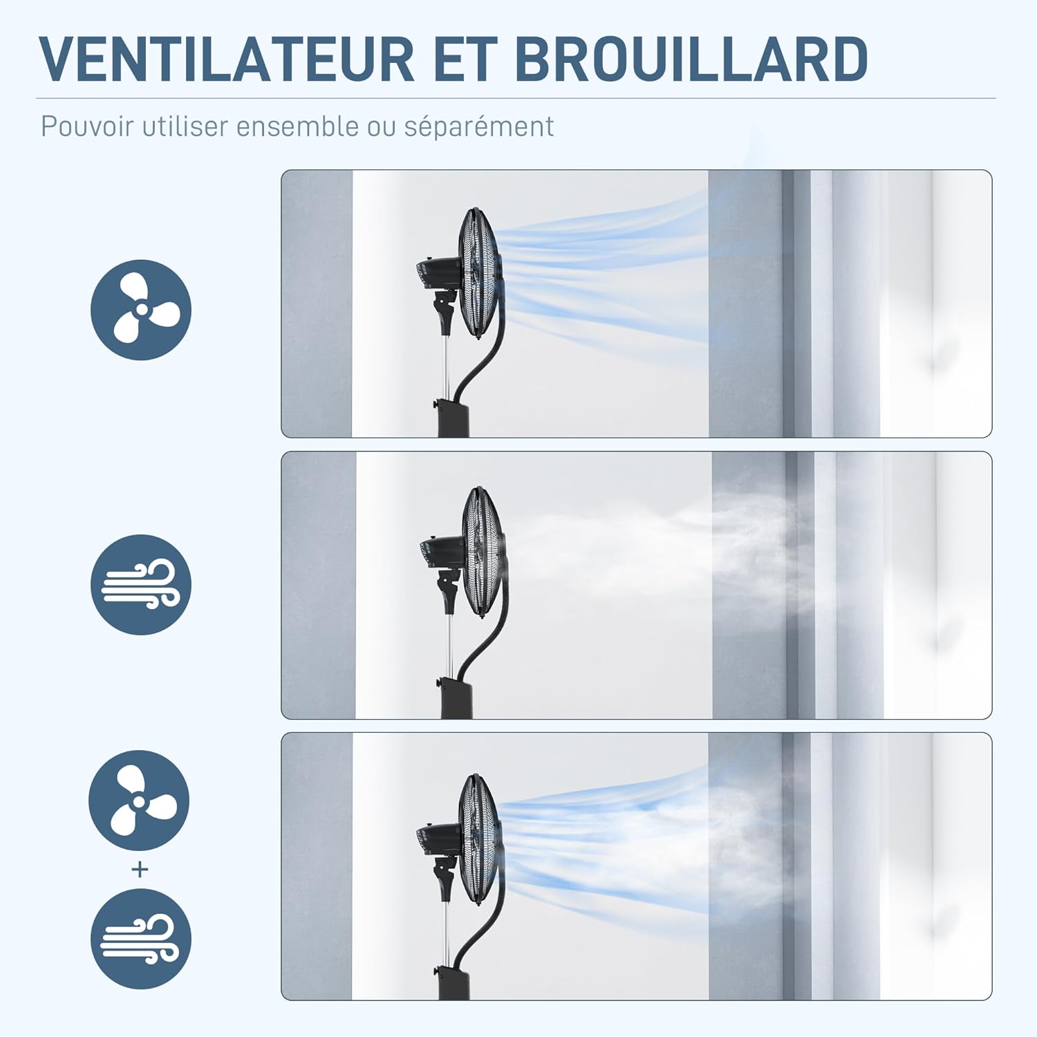HOMCOM Ventilateur brumisateur sur roulettes ventilateur sur pied 90 W télécommande affichage LED télécommande minuterie 3 modes 3 vitesses oscillant, inclinable réservoir 3L - noir – Image 3
