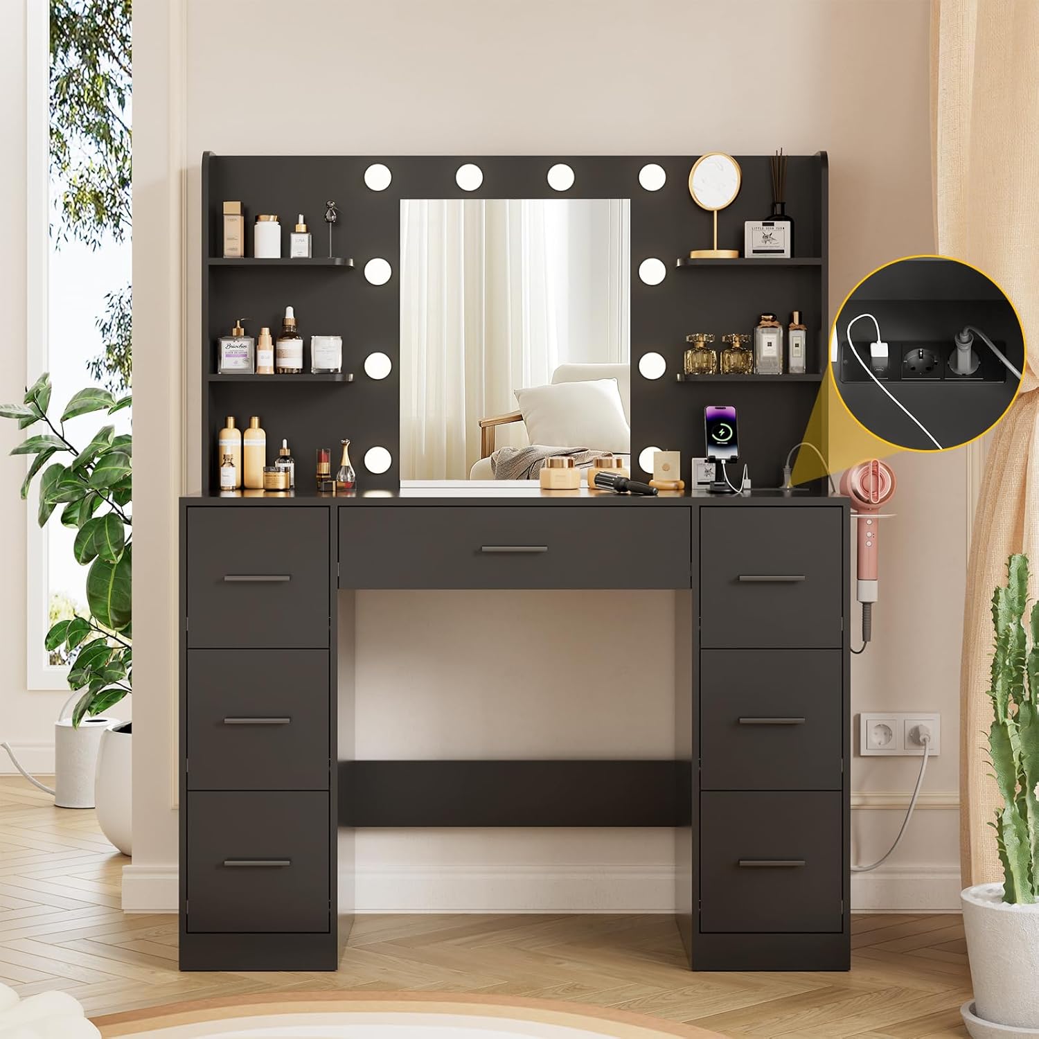 Airfish Coiffeuse LED, tiroir et prise, bureau de maquillage moderne avec étagères, commode pour chambre à coucher