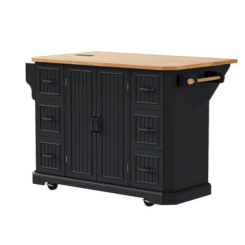 Expandable Drop-Leaf Kitchen Island, Kitchen Cart on 4 Wheels with Power Outlet, Moveable Island Table with 2 Door & 6 Drawers – Image 20