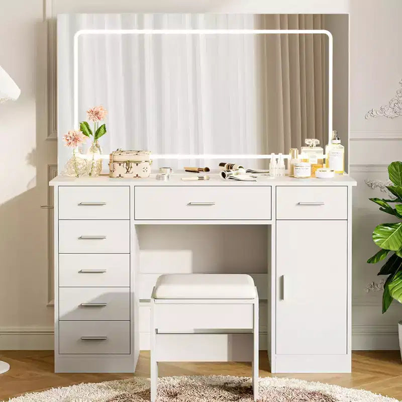 Modern Vanity Desk with Large Mirror, 7 Drawers, LED Lights, Chair, 3 Light Modes, Hair Dryer Holder and Charging Station for Bedroom – Image 8