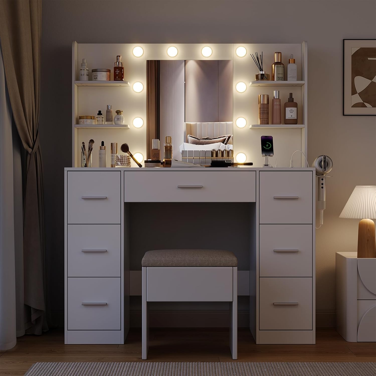 Devoko Grande Coiffeuse avec Miroir et Tabouret, Ampoules LED Réglables et Prise de Courant,Table de Maquillage avec 7 Tiroirs et 4 Étagères de Rangement,110 x 40 x 137 cm,Style Moderne Blanc – Image 6