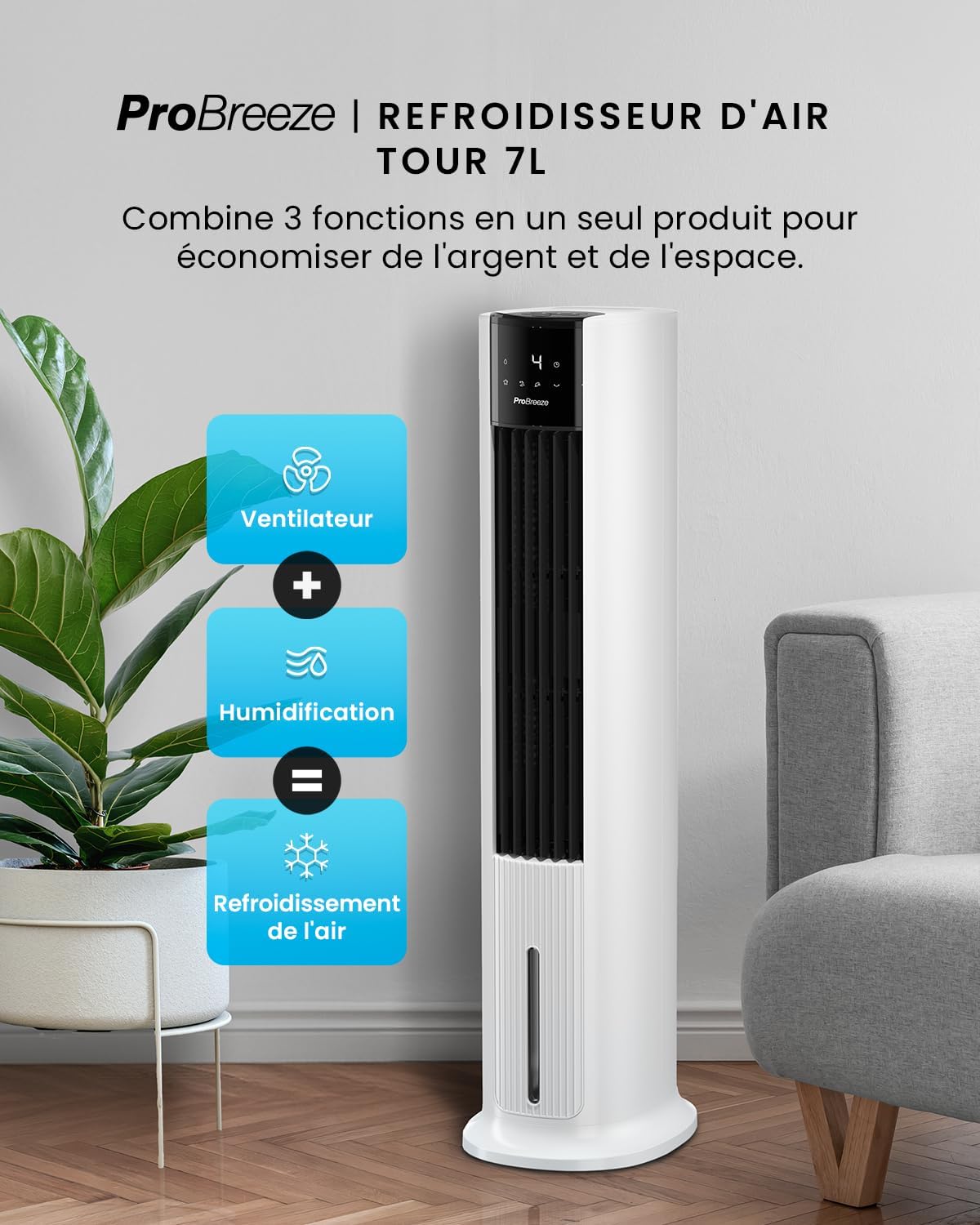 Pro Breeze OmniAir Rafraichisseur d'Air 7L 3en1, 7 Vitesses, 3 Modes, Oscillant, Minuterie 10h, Climatiseur Mobile Sans Évacuation, Silencieux, Sans Conduit, Ventilateur Refroidisseur d'Air – Image 2