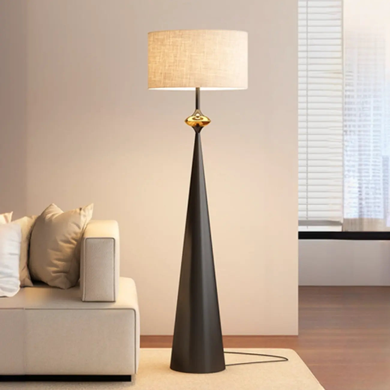 Contemporary Tapered Metal Floor Lamp Fabric Shade – Image 34