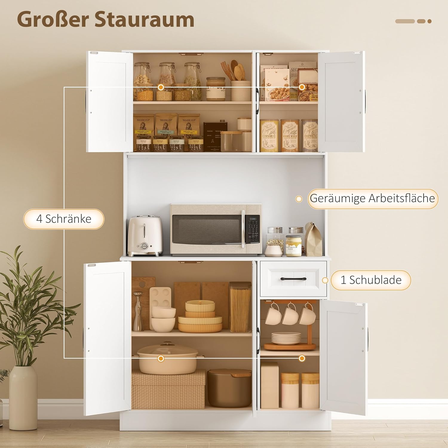 HOMCOM Armoire de cuisine, armoire buffet avec plan de travail, étagères réglables, 6 portes, tiroir, haute garde-manger avec trou de câble, pour cuisine salon salle à manger 100 x 39,5 x – Image 4