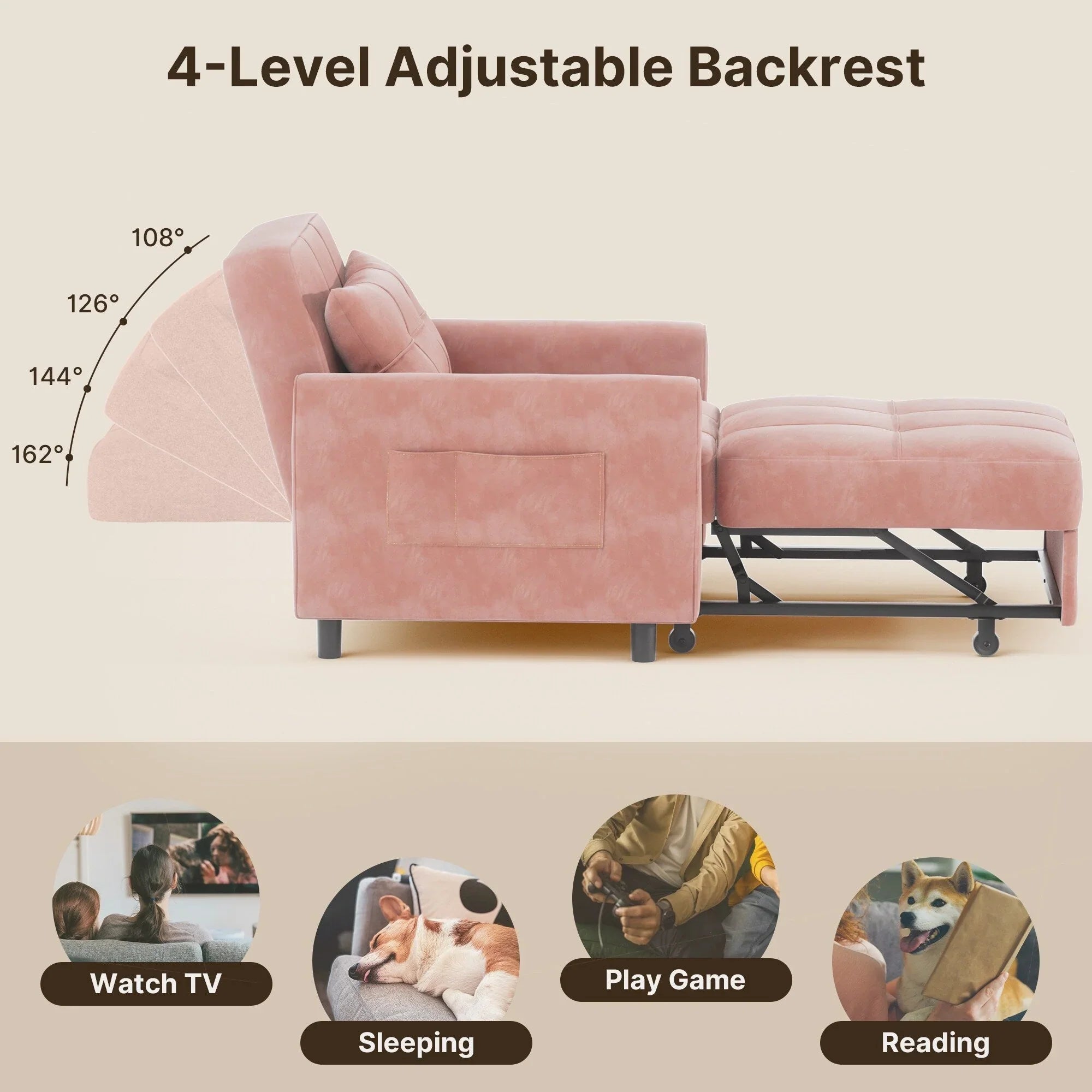 3-in-1 Adjustable Sleeper Sofa Bed, Pull Out Chair Sofa, Convertible Folding Bed for Living Room – Image 3