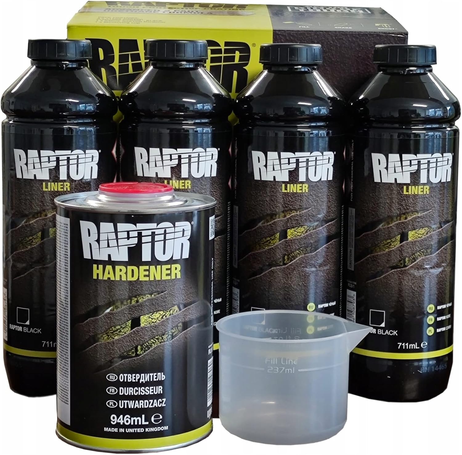 RAPTOR kit de revêtement de protection - 4 bouteilles de 3,79 litres (incluant le durcisseur), noir, avec le pistolet professionnel RAPTOR à buse réglable – Image 3