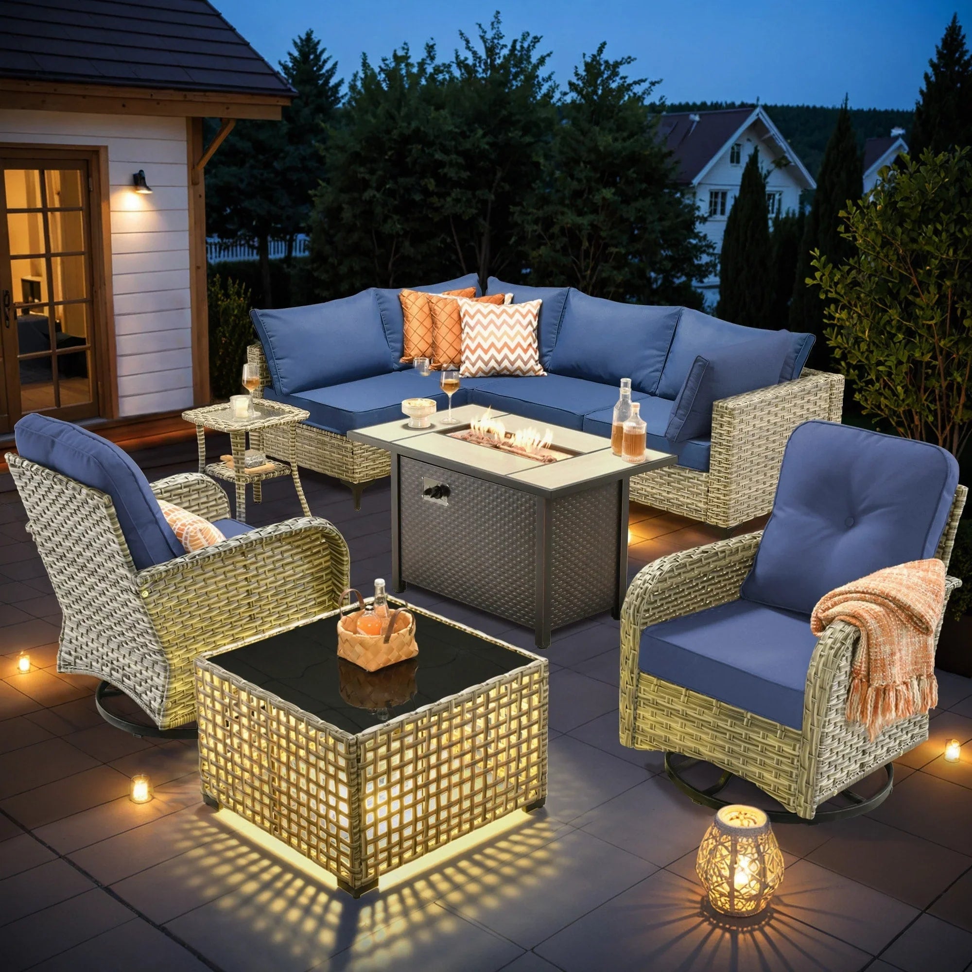 OVIOS 9 Pieces Outdoor Wicker Swivel Chair Set With Fire Table – Image 16