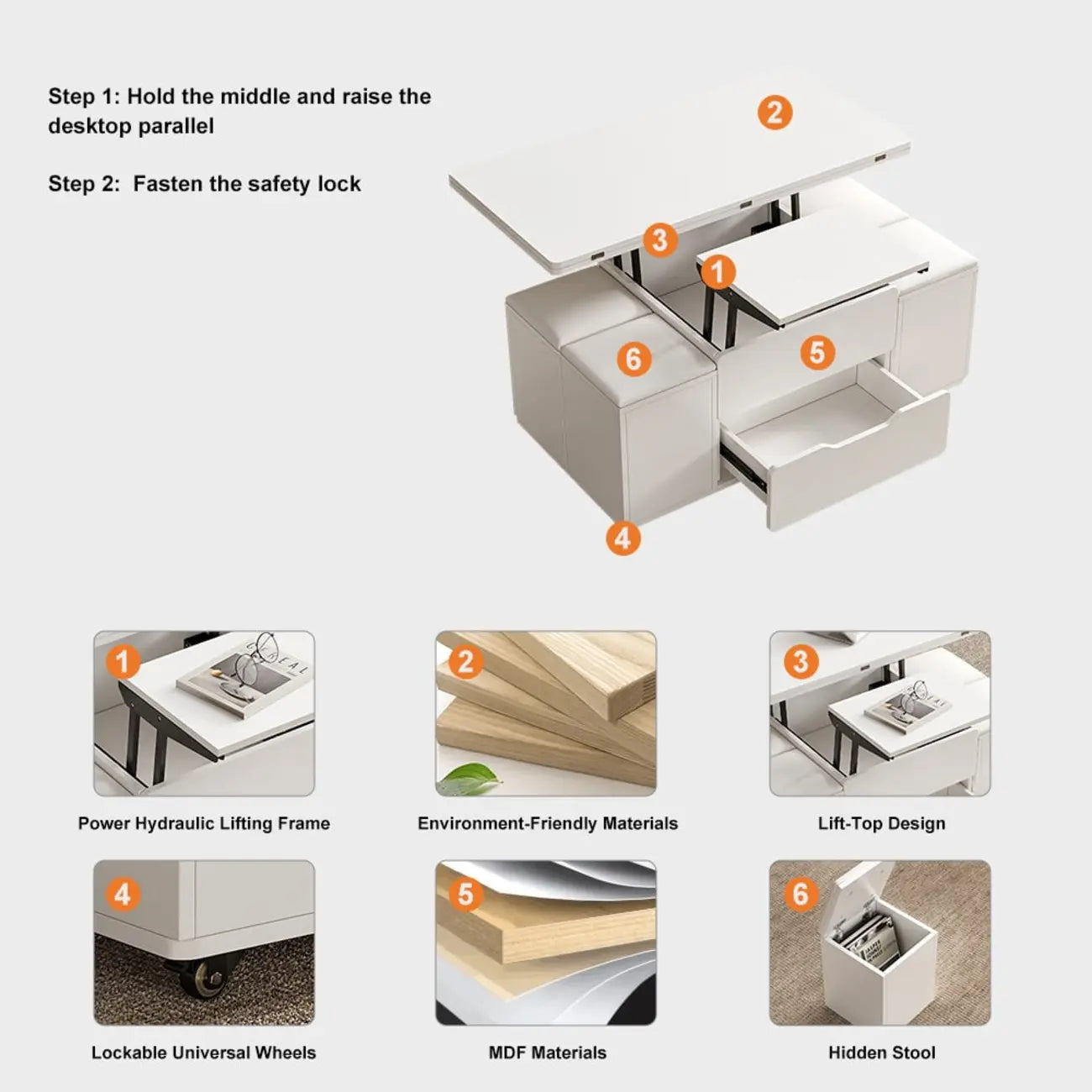 Foldable Lift-Top Coffee Table with 4 Stools & Storage – Image 34
