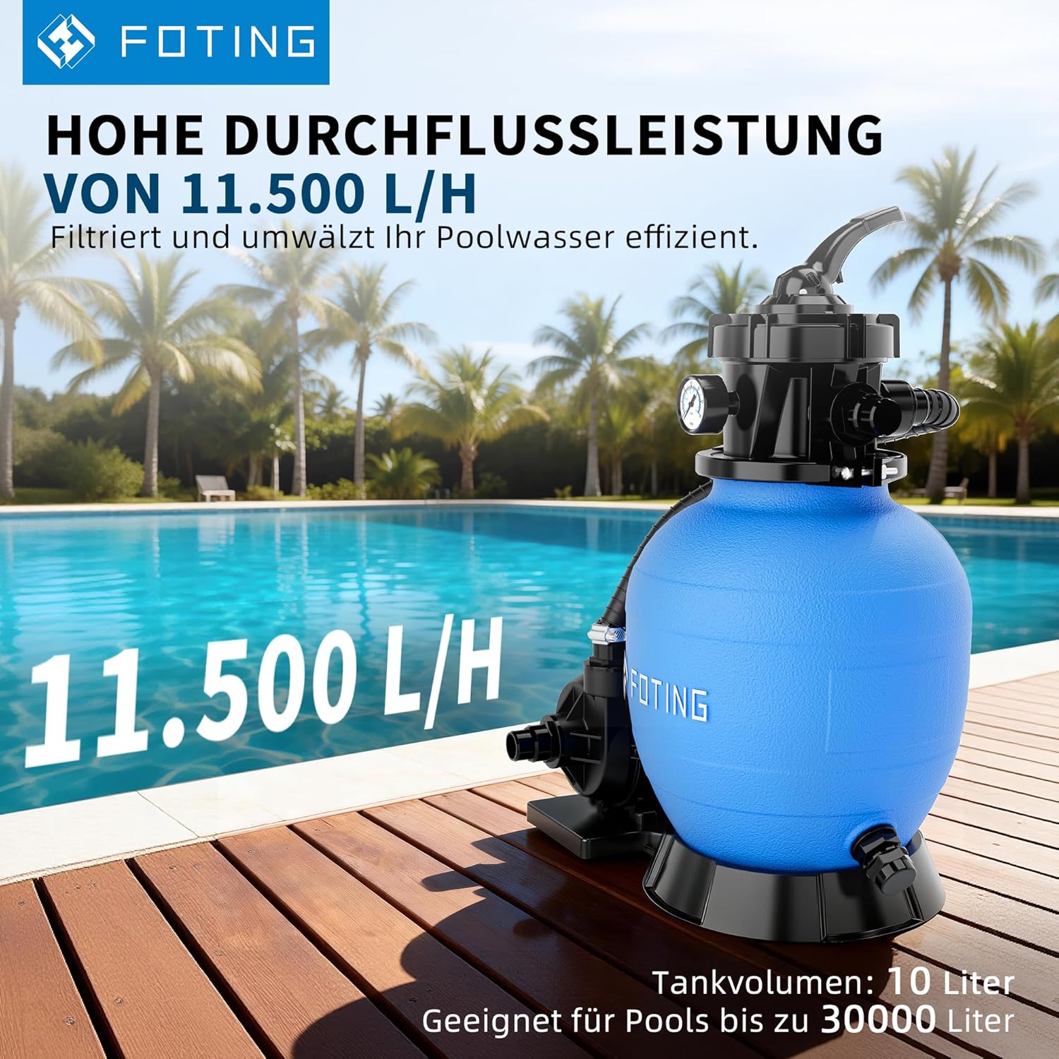 FOTING Système de Filtre à Sable pour Piscine 11 500 L/h (11,5 m³/h) INCL. 200 g de Billes Filtrantes, Filtre de Piscine avec Vanne 7 Voies, Minuterie 24 h, Adaptateur 2-en-1 Ø32–38 mm – Image 9