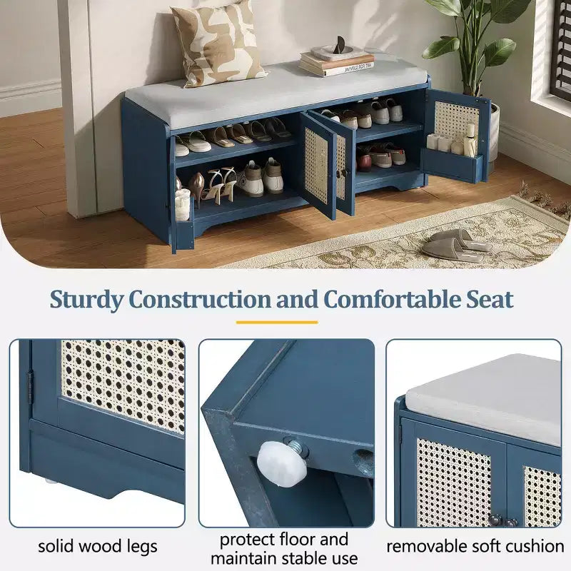 Whisen Rustic Wood Storage Bench, Entryway Shoe Bench with Removable Cushion, Adjustable Shelves – Image 8