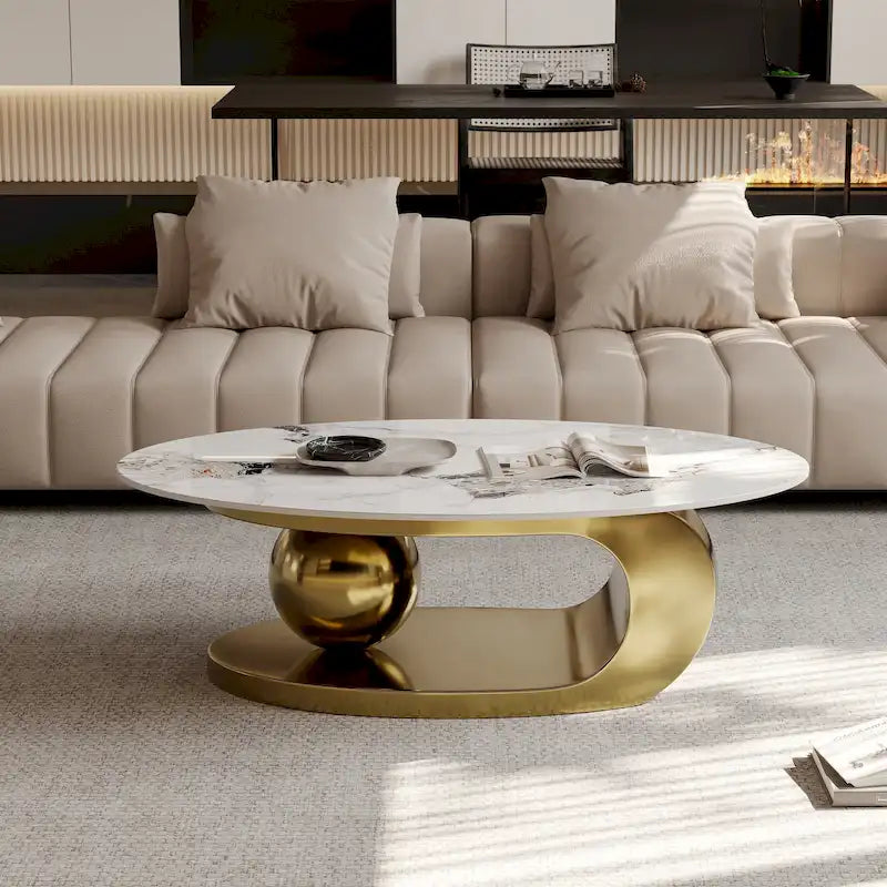 51 Modern Pandora Oval Coffee Table with Glossy Sintered stone top, Luxury Coffee Table, Stainless Steel Legs for Livingroom – Image 8