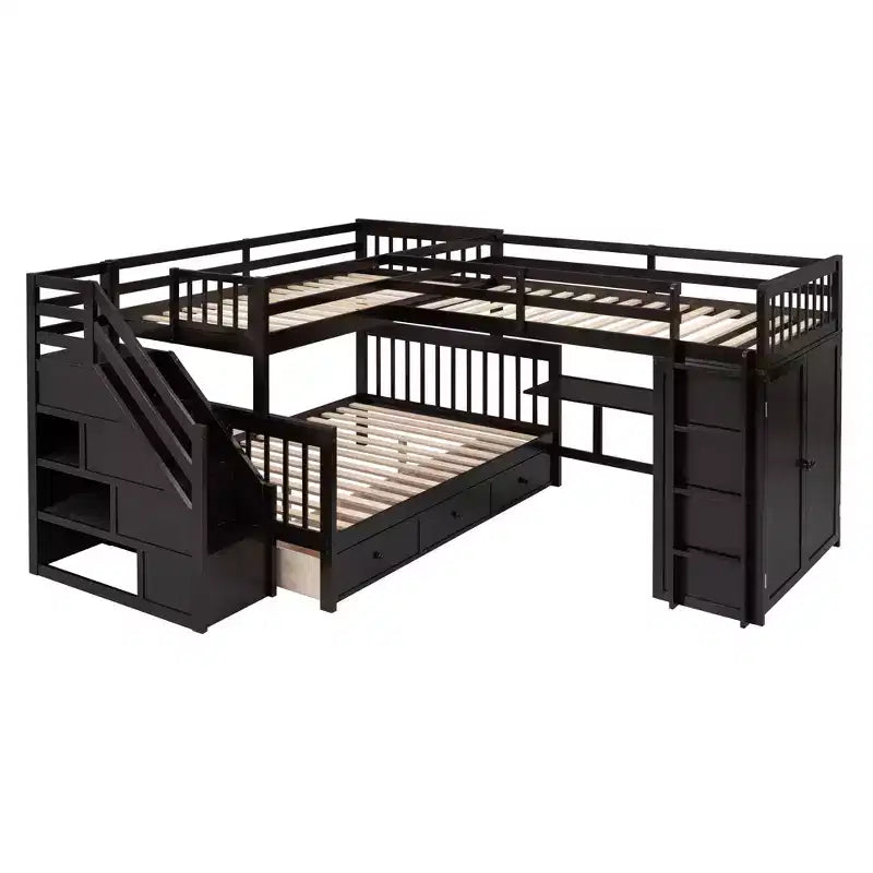 Whisen Modern Design Twin over Full L-Shaped Bunk Bed With 3 Drawers, Portable Desk and Wardrobe – Image 12
