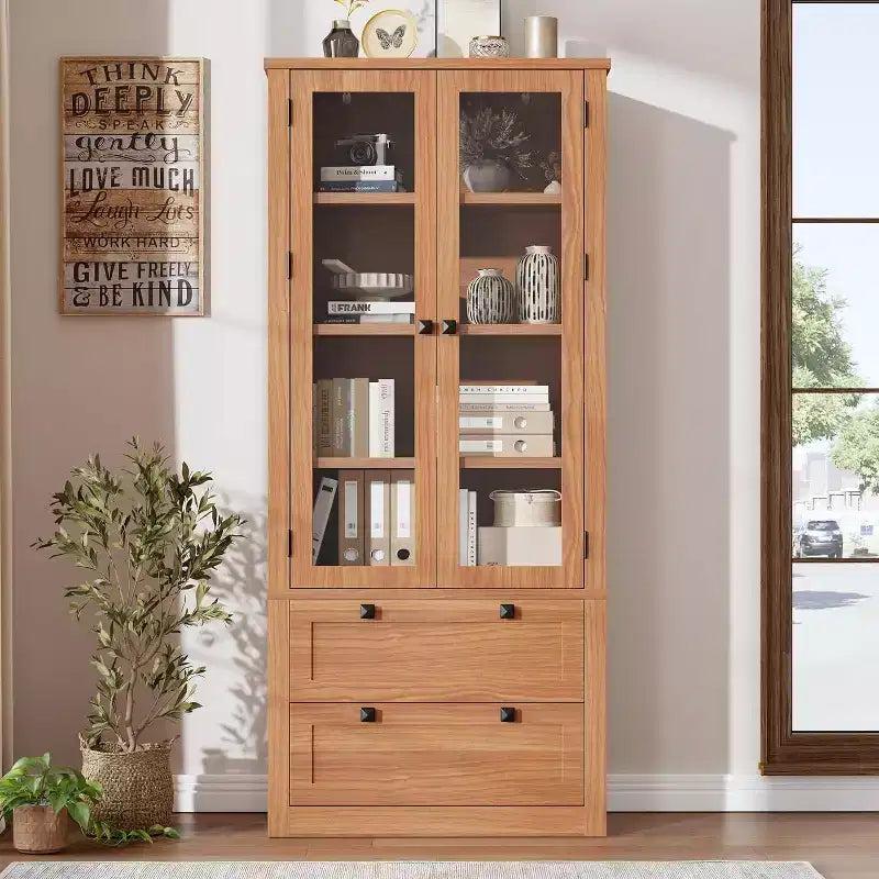 Farmhouse Kitchen Pantry Cabinet with Glass Doors, 72in Storage Cupboard with Drawers and Adjustable Shelves for Dining Room Bathroom Living Room – Image 20