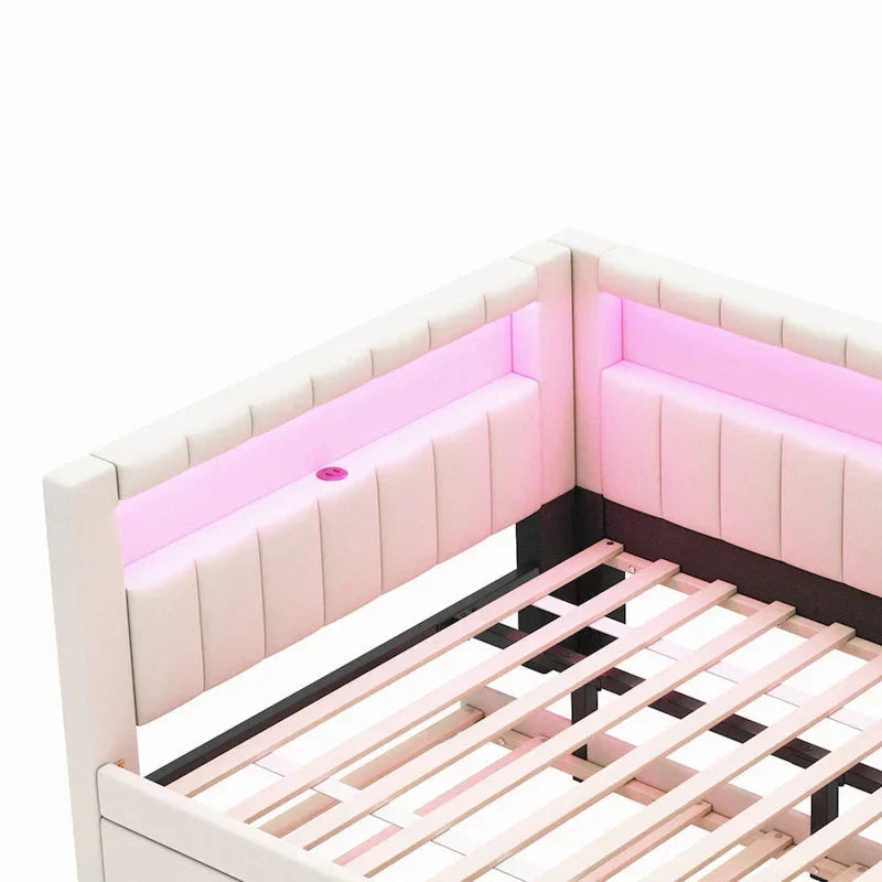 Upholstered Platform Bed with USB Ports & LED Lighting - Full/Twin Size Bed Frame with 2 Storage Drawers - Modern Bedroom – Image 28