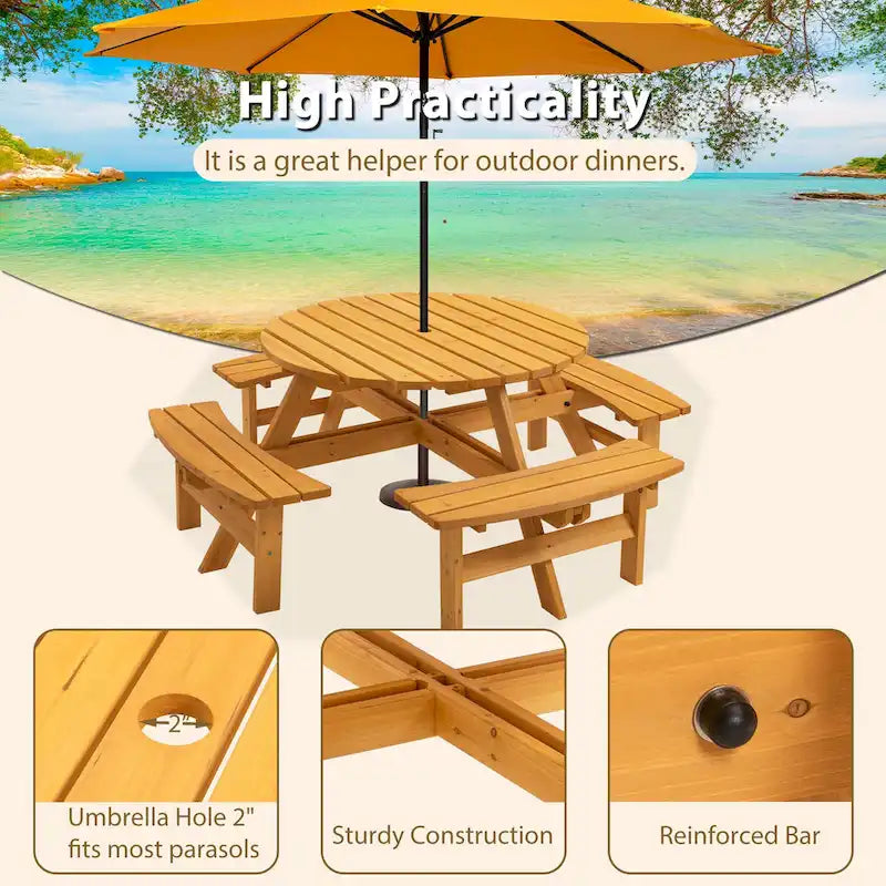 8-Person Outdoor Patio Fir Wood Round Picnic Dining Set with 4 Built-in Benches and Umbrella Hole – Image 17