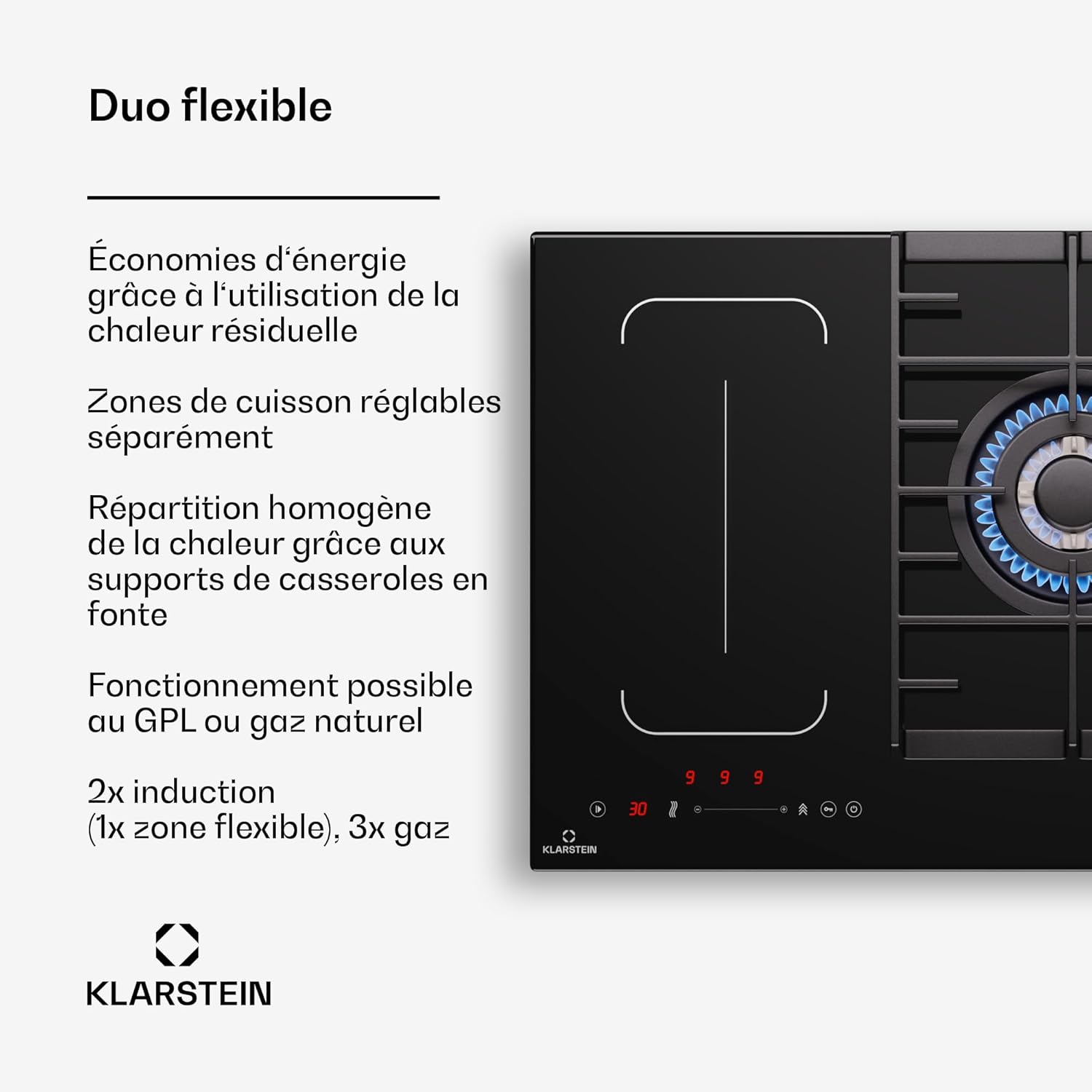 Klarstein MultiChef 5 Plaque Induction Et Gaz - 5 Zones, Flexzone, 10,6 Kw, Commande À Glissière, Stop&Go, Minuterie, Noir, 87,5 Cm – Image 2