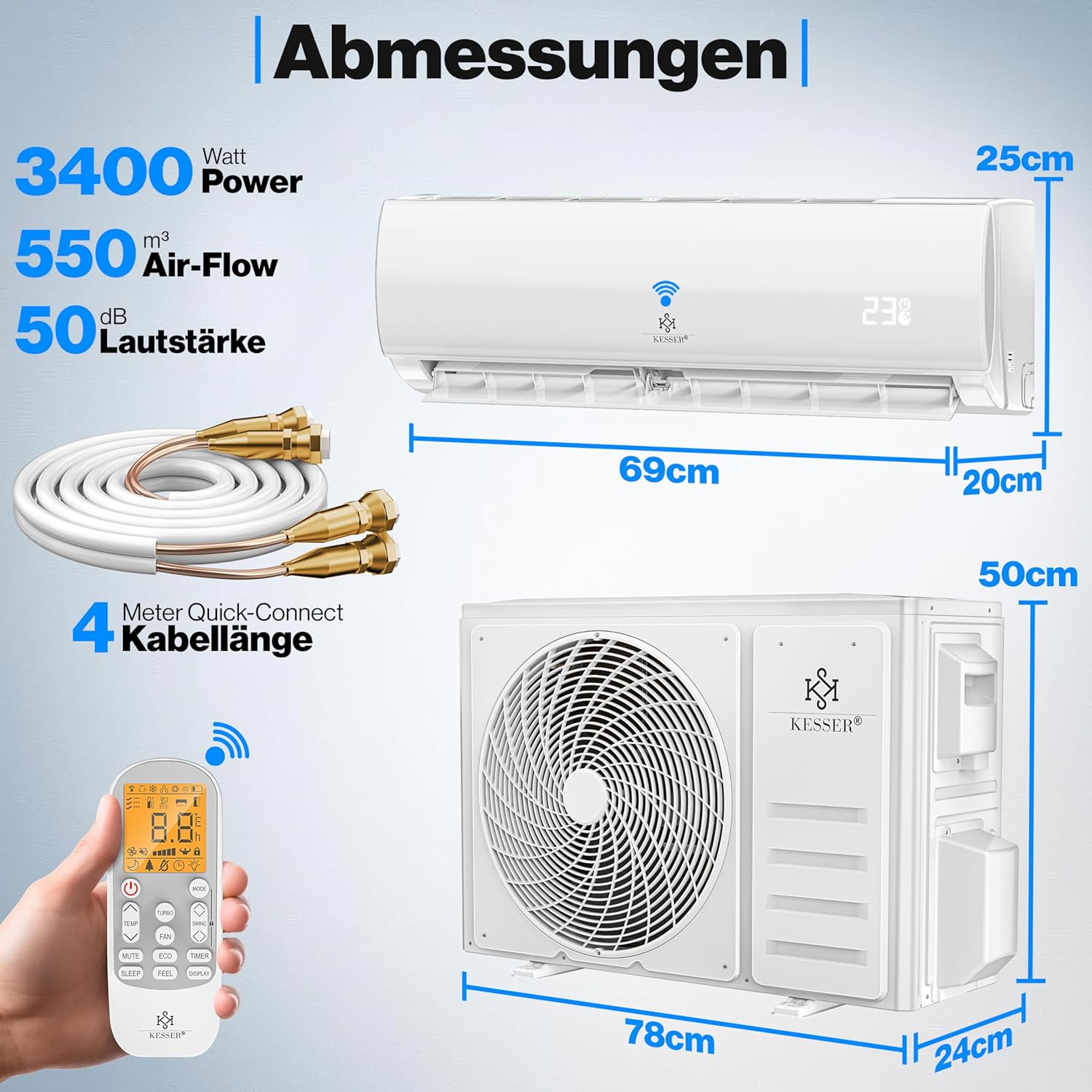 Kesser® Kit de climatisation Split Quick Connect 12000 BTU 3,4 kW – Appareil climatiseur WiFi & App avec fonction de chauffage & mode de refroidissement Climatiseur mural, avec tuyauterie en cuivre – Image 6