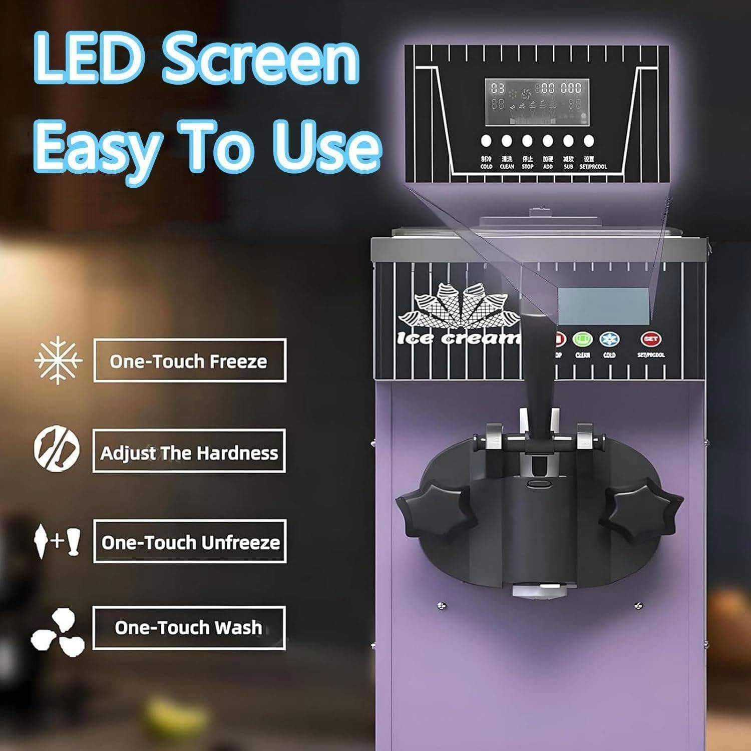 Machine de Fabrication de crème glacée de comptoir Commerciale, Machine à crème glacée Molle à saveur Unique de 4 à 5 kg/h avec Affichage LED et Fonction de Nettoyage Automatique(Purple) – Image 4
