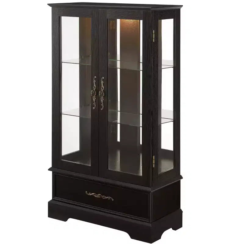 Lighted Glass Curio Cabinet with Adjustable Shelves - Elegant 2-Door Display Cabinet & Built-in Drawer, Includes Bulb – Image 14