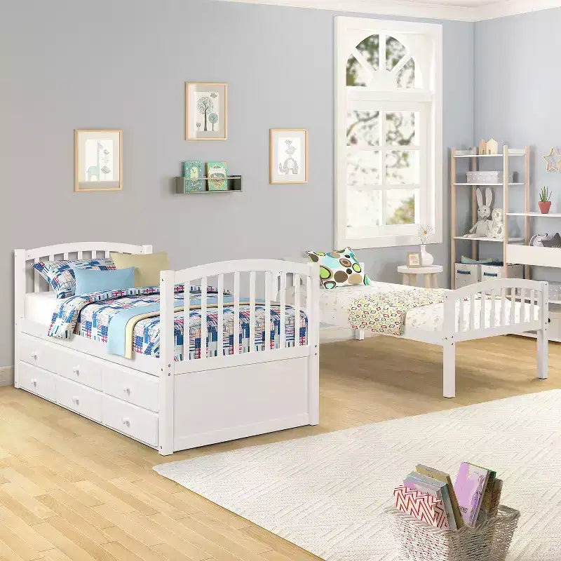 Twin Bunk Bed with Ladder, Safety Rail, Twin Trundle Bed with 3 Drawers for Teens Bedroom, Guest Room Furniture – Image 16