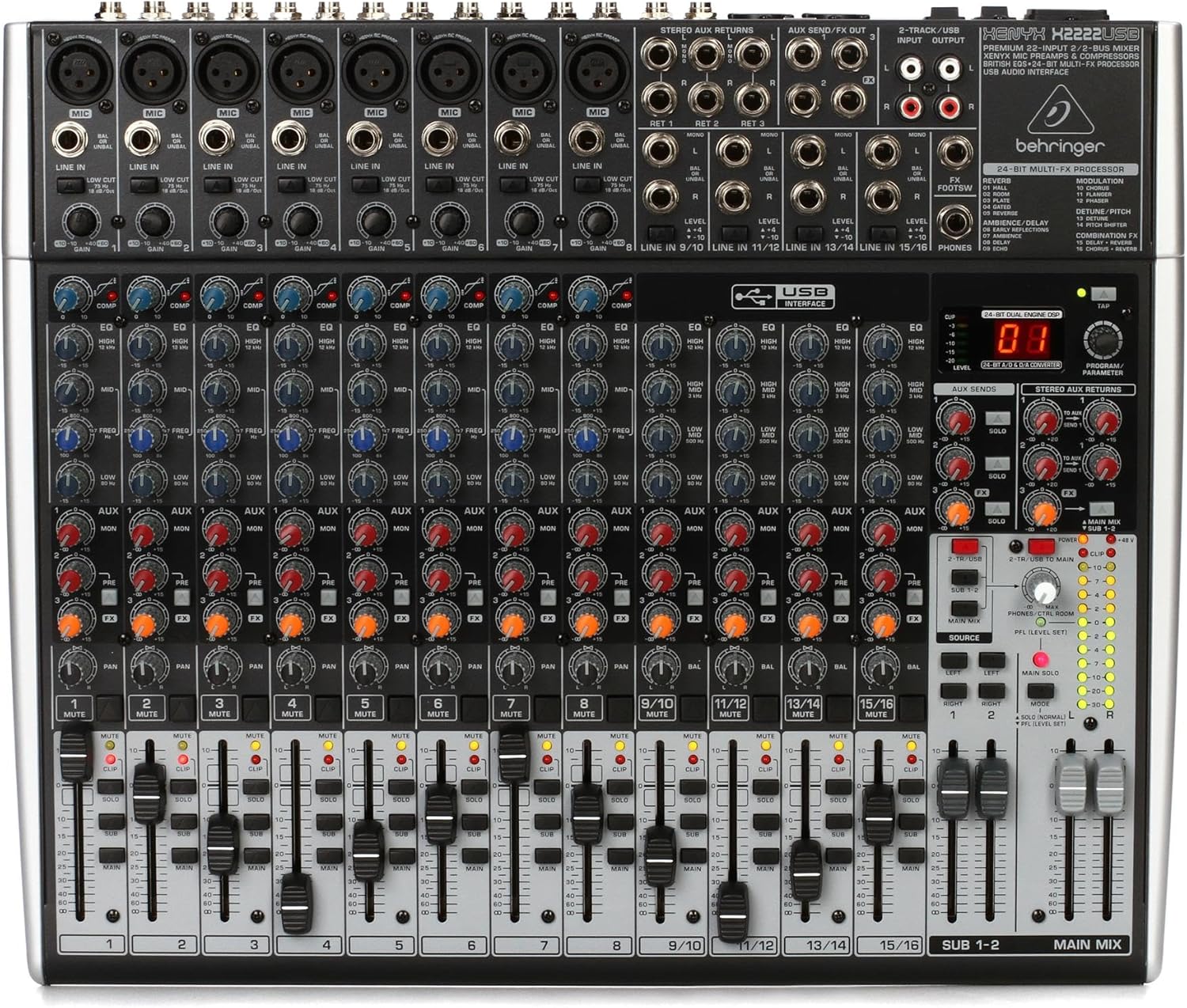 Behringer X2222Usb Table de Mixage Haut de Gamme 22-Entrées 2/2-Bus avec Préamplis et Compresseurs de Micros Xenyx, Eq British, Processeur Multi-Effets 24-Bit et Interface Usb/Audio