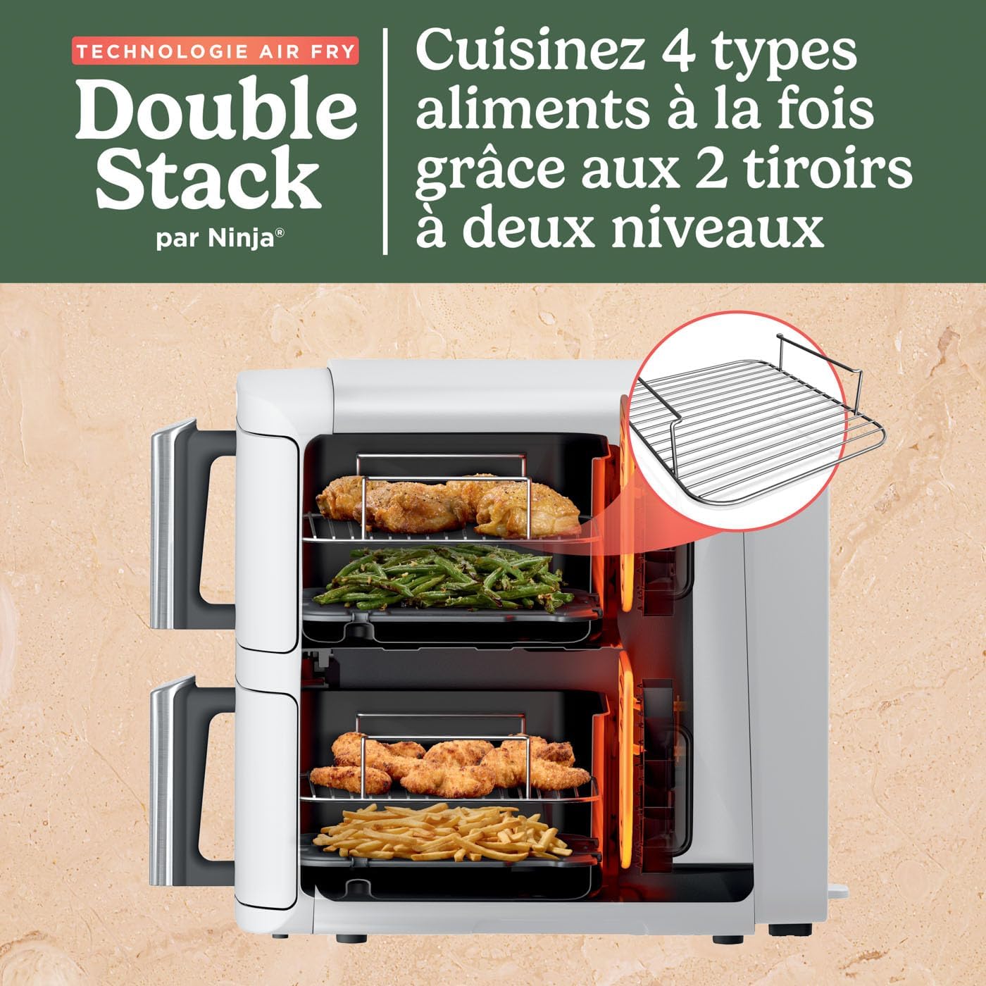 NINJA Double Stack XL Air Fryer, Friteuse sans huile Verticale Double Tiroir 4 Niveaux de Cuisson, 2 Tiroirs, 2 Grilles, Capacité de 9,5 L, 6 Fonctions, 8 Portions, Pinces, Blanc SL400EUWH – Image 2