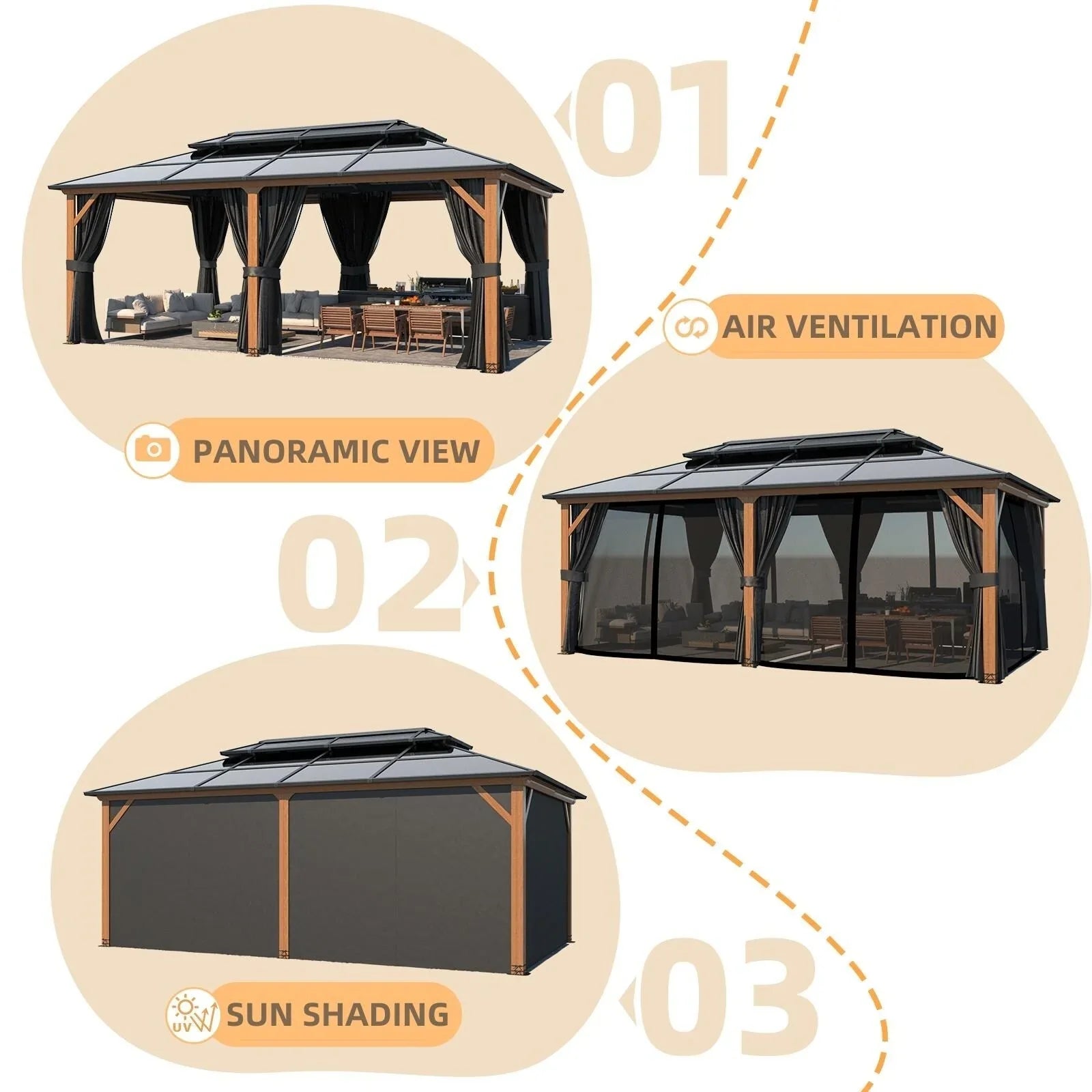 EROMMY Hardtop Gazebo,Outdoor Pergola with Double Roof & Netting & Curtains,Heavy Duty Canopy for Patio, Backyard, Pool party – Image 132