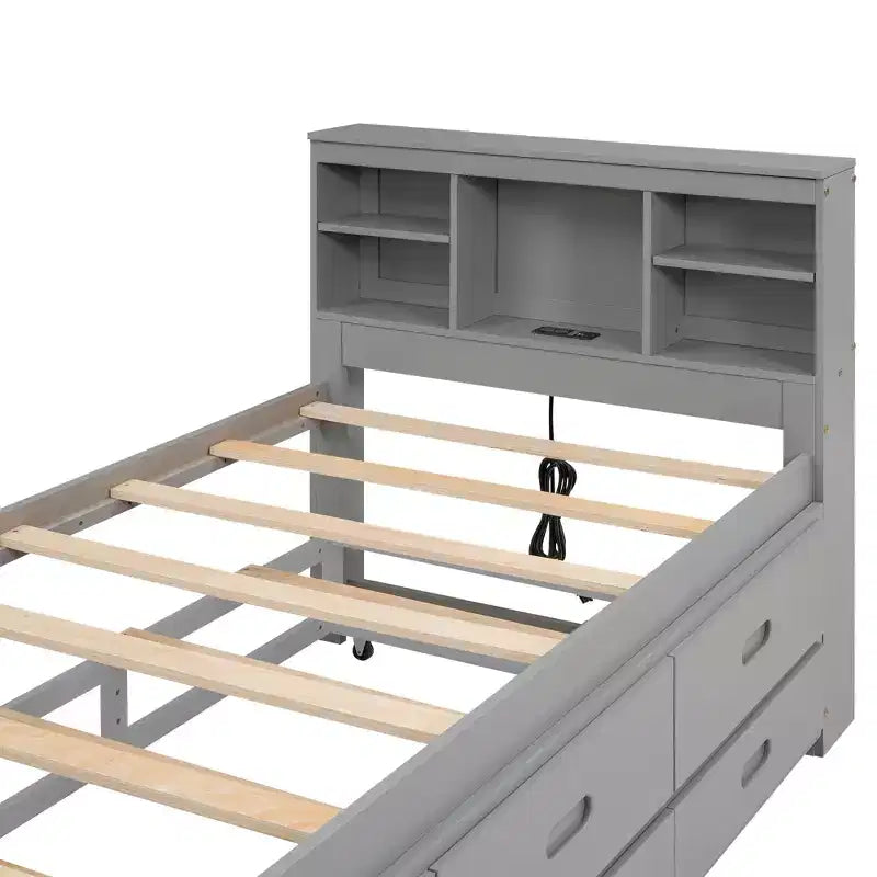 Platform Bed with Trundle and Drawers, Storage Platform Bed with USB, Wood Platform Bed with Bookcase – Image 9