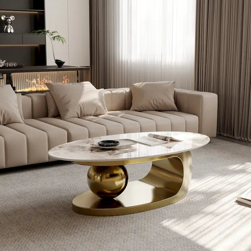 51 Modern Pandora Oval Coffee Table with Glossy Sintered stone top, Luxury Coffee Table, Stainless Steel Legs for Livingroom – Image 30